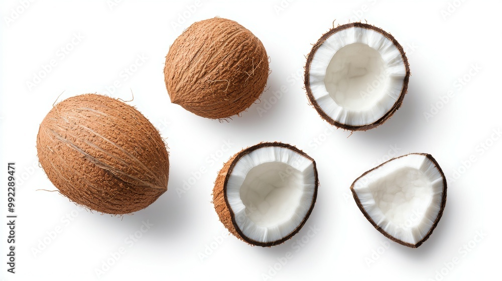 Four whole coconuts and one cut open Four whole coconuts and one cut open