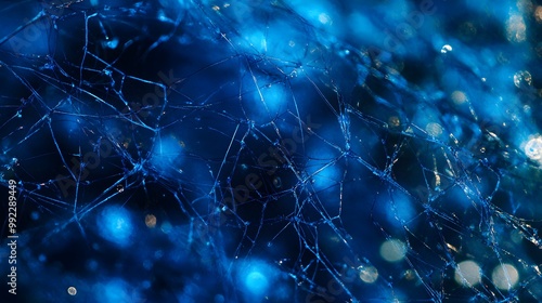 Abstract Blue Fractured Glass with Bokeh Lights