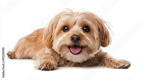 A small dog is laying on a white background with its tongue out