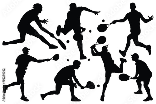 Tennis player silhouette set. Sports person design element. The athlete playing tennis with racket and ball. Drawing art illustration of mans tennis player. Tennis man character logo, icon vector.