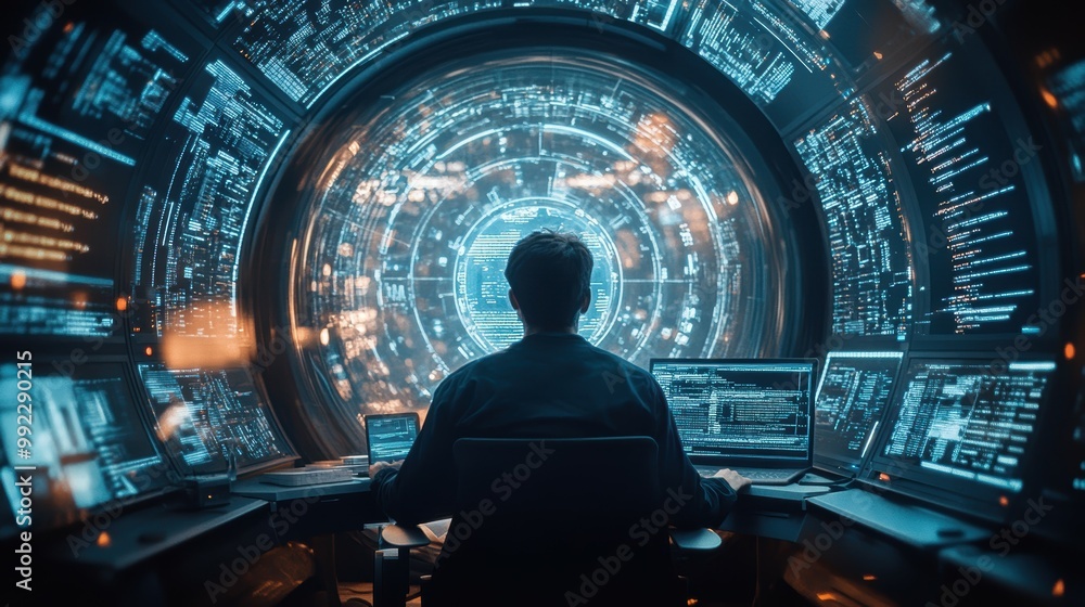 Software developer coding in a futuristic pod with 360-degree screens Software developer coding in a futuristic pod with 360-degree screens