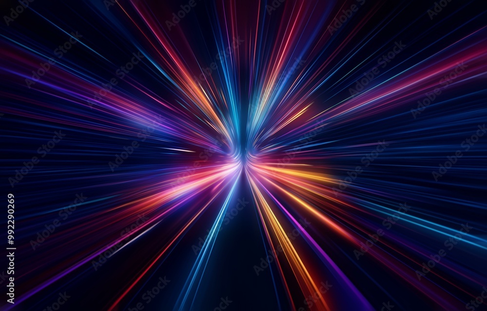 Obraz premium Abstract glowing neon light streaks in a dark background create a sense of speed and motion.