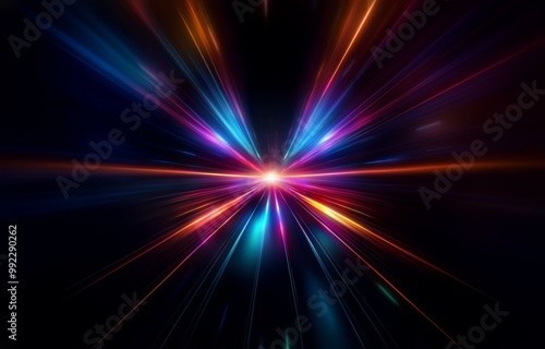 Abstract background with colorful light streaks radiating from a bright central point on a black background.