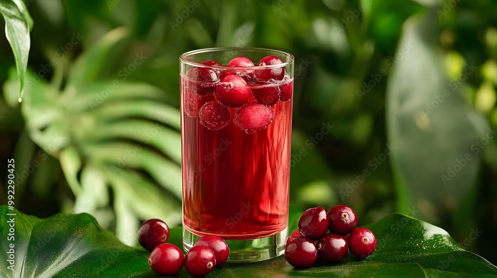 A glass of cranberry juice with fresh cranberries on a green leaf. A glass of cranberry juice with fresh cranberries on a green leaf.