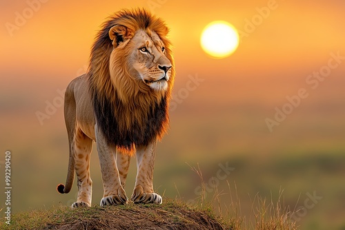 A majestic lion standing on a hilltop, surveying the savannah as the sun sets, casting a golden glow over the landscape