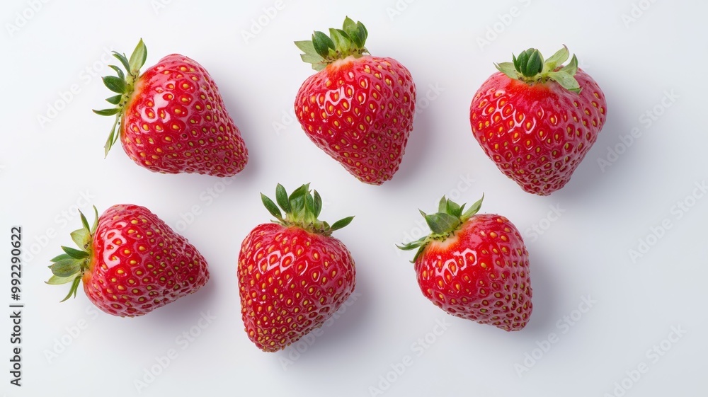 A close up of six red strawberries on a white background A close up of six red strawberries on a white background