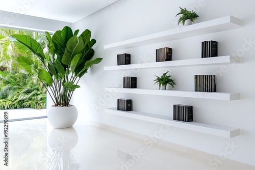 A minimalist bookshelf with just a few carefully placed books, creating a clean and uncluttered aesthetic photo