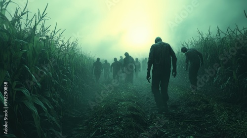 Zombie horde shambling through a misty cornfield at dusk. 3D illustration