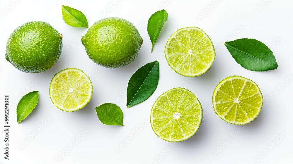A bunch of lime slices and leaves are spread out on a white background A bunch of lime slices and leaves are spread out on a white background