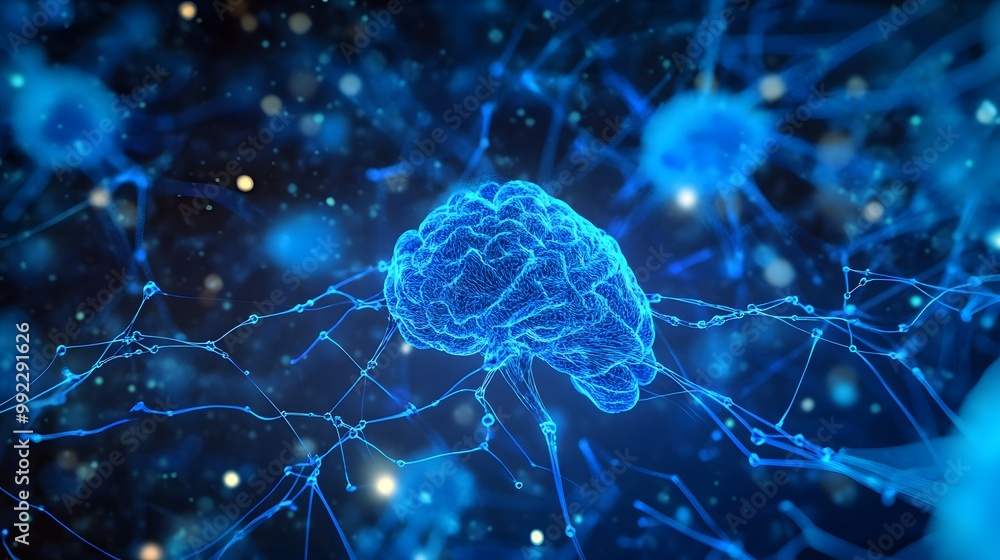 A 3D Render of a Brain Connected by Nerve Fibers and Neurons A 3D Render of a Brain Connected by Nerve Fibers and Neurons