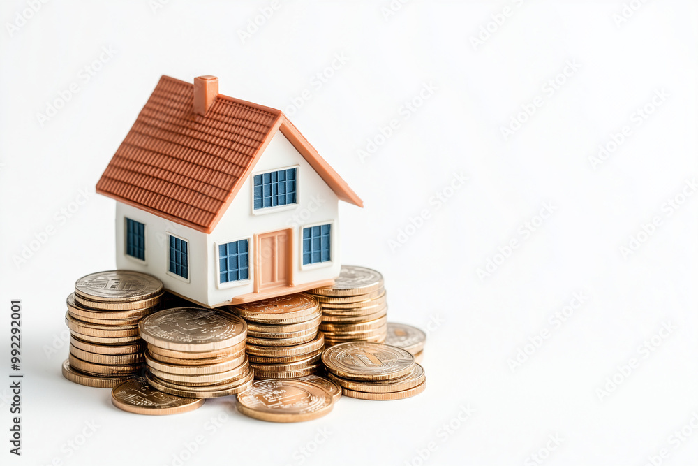A miniature house perched on top of a stack of shiny coins. Clean white background symbolizing property investment and passive income. A miniature house perched on top of a stack of shiny coins. Clean white background symbolizing property investment and passive income.