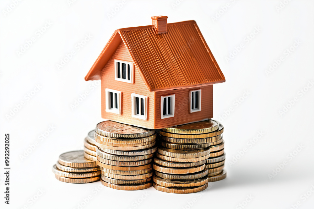 A miniature house perched on top of a stack of shiny coin. Soft ambient light. Clean white background symbolizing property investment and passive income. A miniature house perched on top of a stack of shiny coin. Soft ambient light. Clean white background symbolizing property investment and passive income.