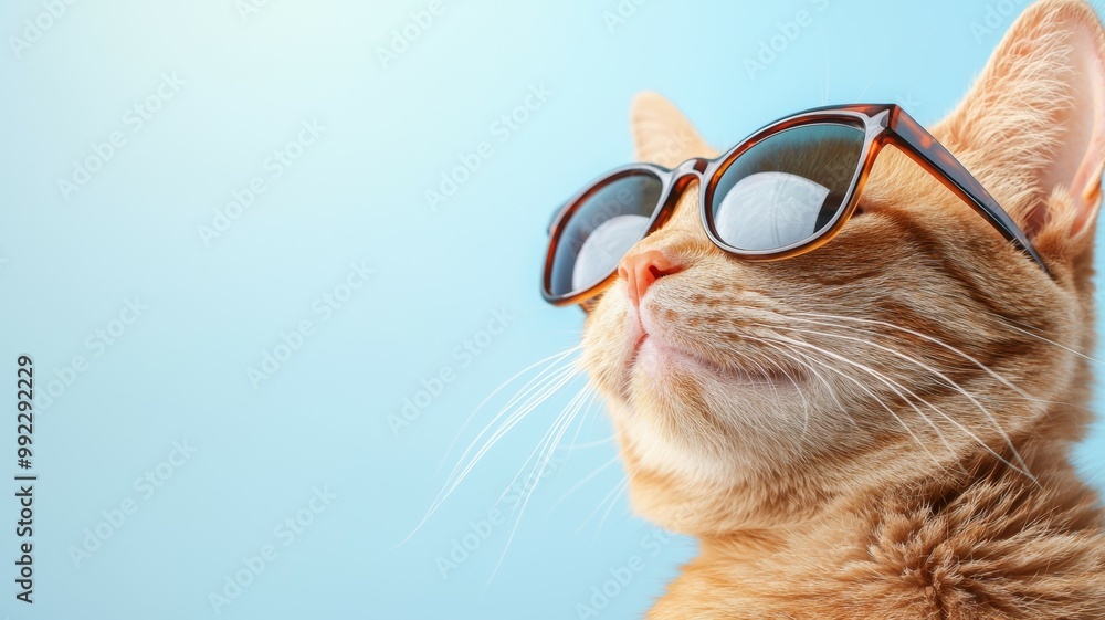 A cat wearing sunglasses and looking up at the camera A cat wearing sunglasses and looking up at the camera