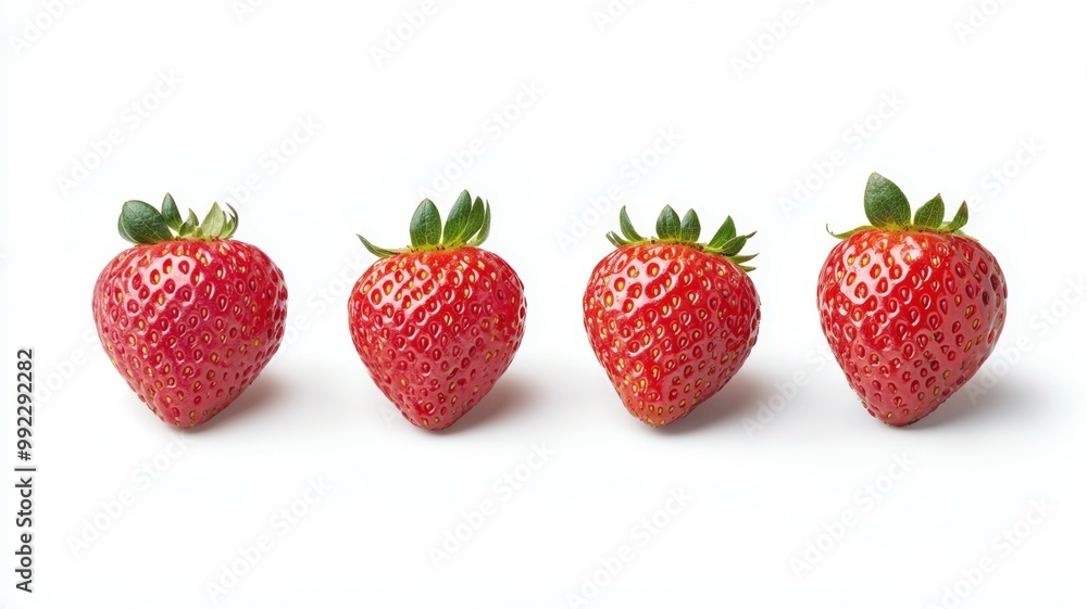 Four red strawberries are shown in a row Four red strawberries are shown in a row