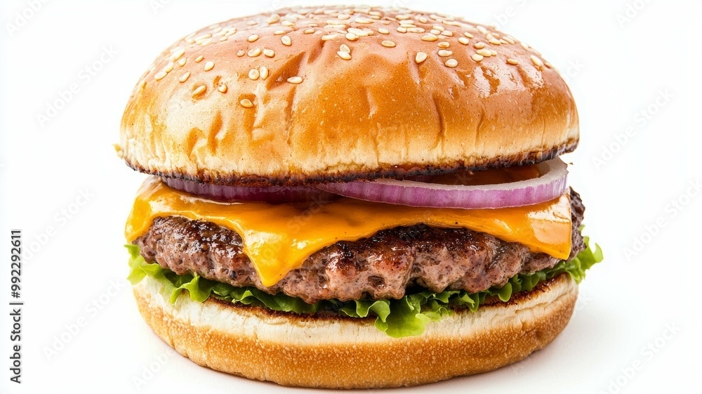 A hamburger with a slice of cheese and onions on top