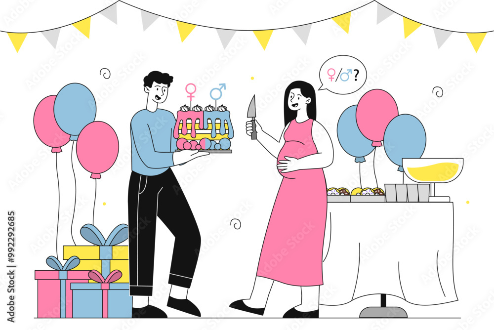 Baby shower holiday. Man and woman with gifts and cake in room. Birthday festival and party. Future father and mother. Boy or girl. Linear vector illustration Baby shower holiday. Man and woman with gifts and cake in room. Birthday festival and party. Future father and mother. Boy or girl. Linear vector illustration