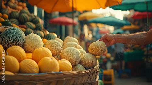 Vendor's hand selecting ripe cantaloupe colorful assortment of fruit bustling openair Mediterranean market vibrant umbrellas lively chatter filling scene Scientific name Cucumis melo var cantalupensis