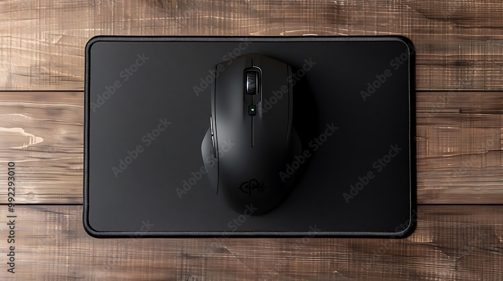 Black computer mouse on a dark wooden background. View from above. Black computer mouse on a dark wooden background. View from above.