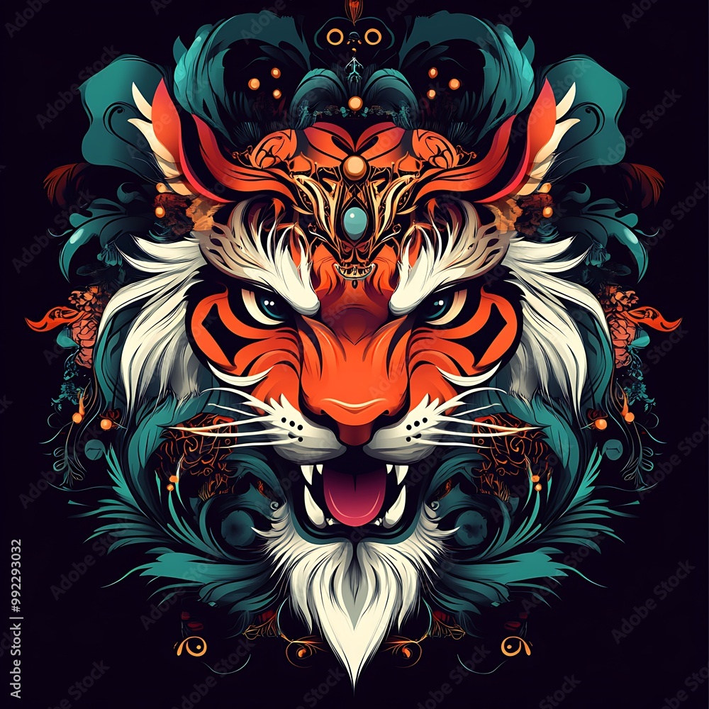 A stylized tiger face surrounded by teal and orange floral designs A stylized tiger face surrounded by teal and orange floral designs