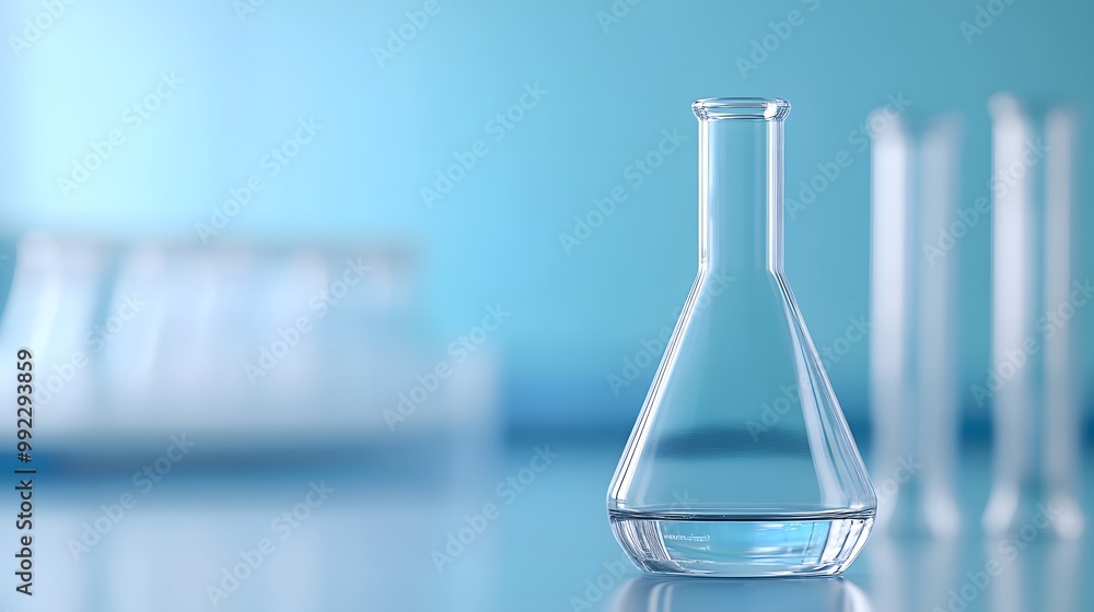 A Single Erlenmeyer Flask Filled with Liquid on a Blue Surface with Other Flasks in the Background A Single Erlenmeyer Flask Filled with Liquid on a Blue Surface with Other Flasks in the Background