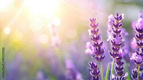 A field of purple flowers with the sun shining on them