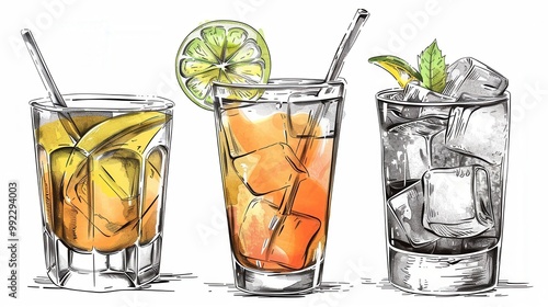 Variety of Refreshing Drinks. High detailed drink concept photo