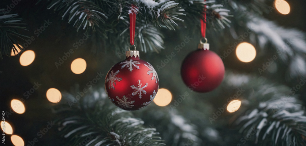Cozy Christmas Decor With Red Baubles And Fairy Lights On Snowy Evergreen Tree Cozy Christmas Decor With Red Baubles And Fairy Lights On Snowy Evergreen Tree