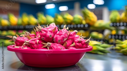 Vibrant bowl of pitaya fruits placed on a gym bench with water bottles and workout gear softly blurred in the background representing a fresh fitnessdriven lifestyle Scientific name Hylocereus undatus photo