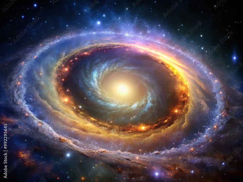 Obraz premium Breathtaking, iridescent halo encircling a distant, spiral galaxy, with shimmering curtains of gas and dust.