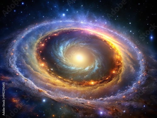 Breathtaking, iridescent halo encircling a distant, spiral galaxy, with shimmering curtains of gas and dust.