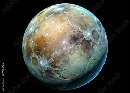 Ganymede's surface illuminated by Jupiter's radiant light, showcasing its cratered terrain and icy blue-gray color photo