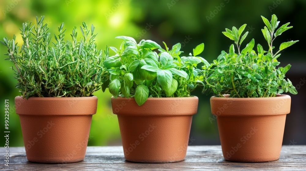 Three potted plants with green leaves sit on a wooden table Three potted plants with green leaves sit on a wooden table