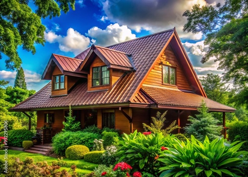 Beautiful Home with Brown Metal Roof Surrounded by Lush Greenery and Vibrant Outdoor Colors