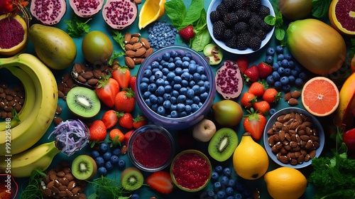 Vibrant brunch spread featuring rollinia fruits detox smoothies vegan protein bars served rooftop caf fitness enthusiasts yoga mats softly blurred in the background Scientific name Rollinia deliciosa photo