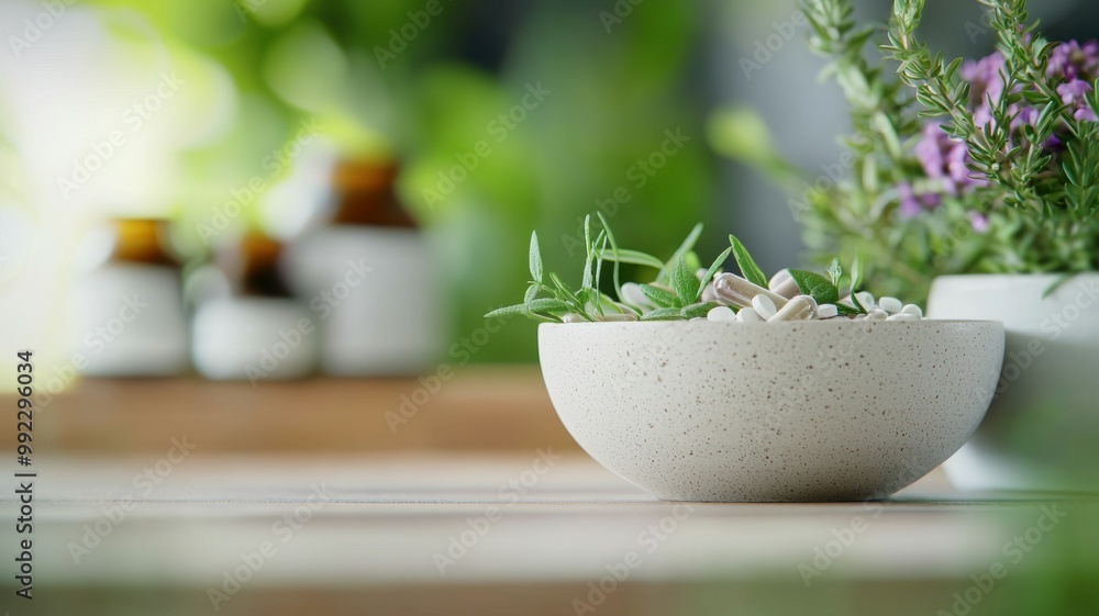 A white bowl with a few plants in it sits on a wooden table A white bowl with a few plants in it sits on a wooden table