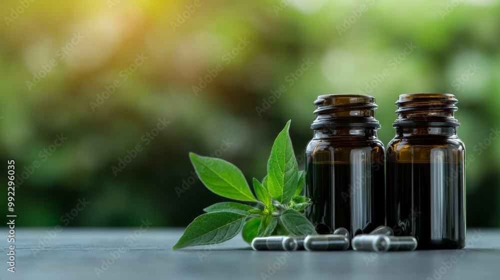 Two bottles of medicine with a leaf next to them Two bottles of medicine with a leaf next to them