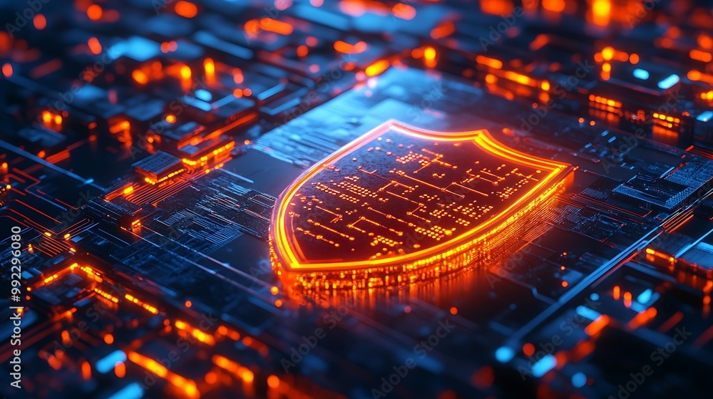 Digital shield symbolizing cybersecurity and protection. Digital shield symbolizing cybersecurity and protection.