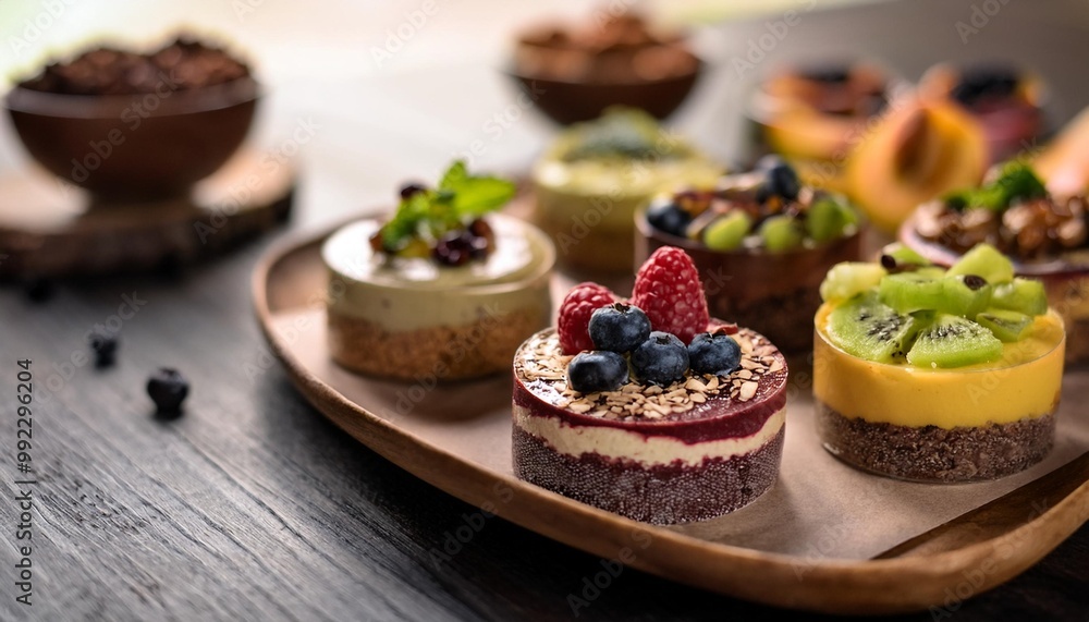 Decadent vegan desserts with full depth of fields showcasing rich flavors and creative plant-based innovations Decadent vegan desserts with full depth of fields showcasing rich flavors and creative plant-based innovations