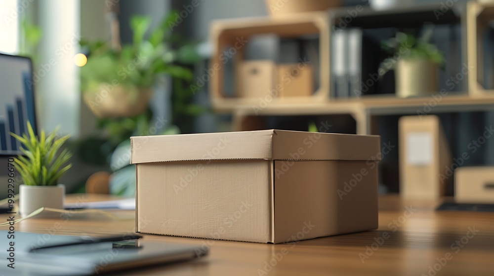 Close up view of cardboard box on table in flower shop with plants Close up view of cardboard box on table in flower shop with plants