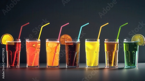 Colorful drinks with straws. High detailed beverage concept photo