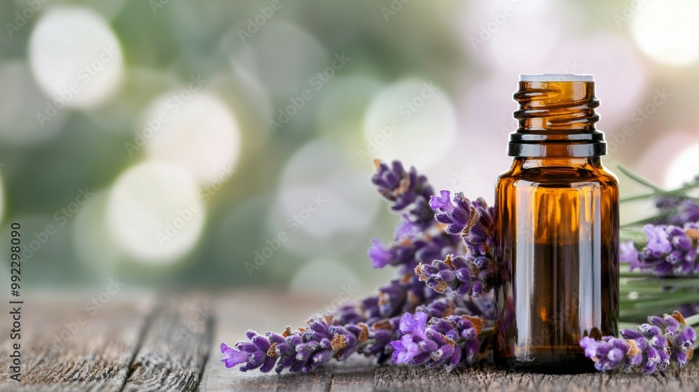 A bottle of lavender essential oil sits on a wooden table next to purple flowers A bottle of lavender essential oil sits on a wooden table next to purple flowers