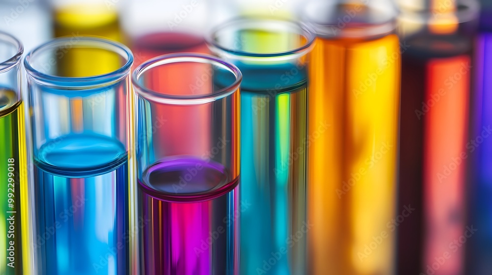A Row of Glass Test Tubes Filled with Colorful Liquids A Row of Glass Test Tubes Filled with Colorful Liquids