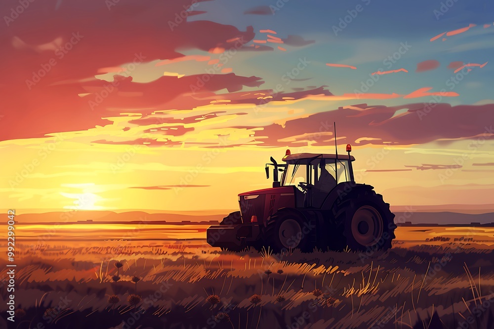 Fototapeta premium Combine harvester in action on field at sunset