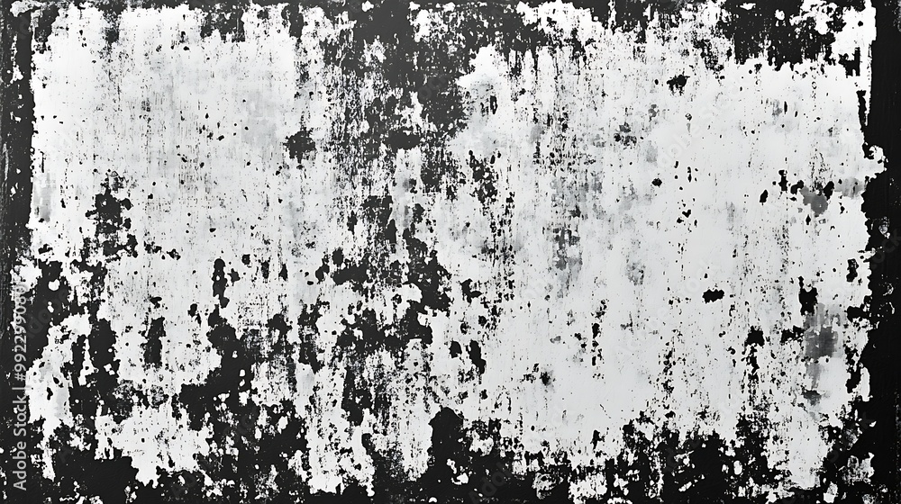 Fototapeta premium Abstract texture with black and white paint splatters and patterns.