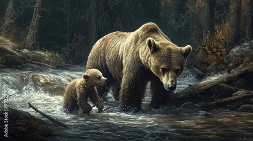 A mother bear and her cub fishing for salmon in a river, surrounded by dense forest and flowing water.