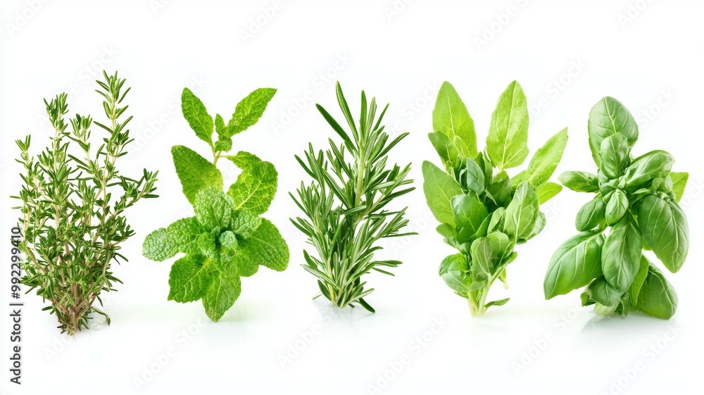 A row of five different herbs, including basil, parsley, and rosemary A row of five different herbs, including basil, parsley, and rosemary