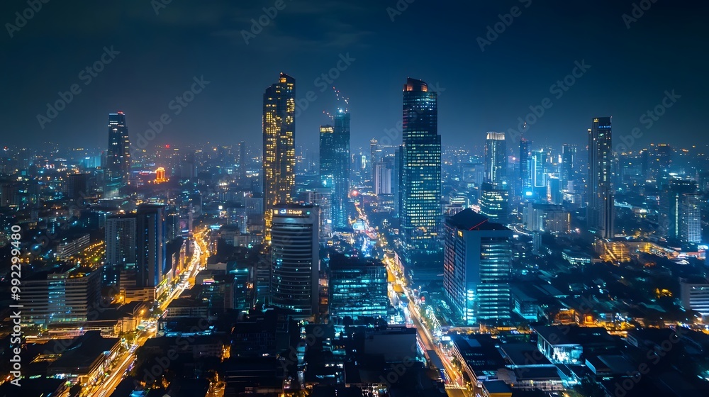 Fototapeta premium Panorama view of Bangkok business district at night time. 