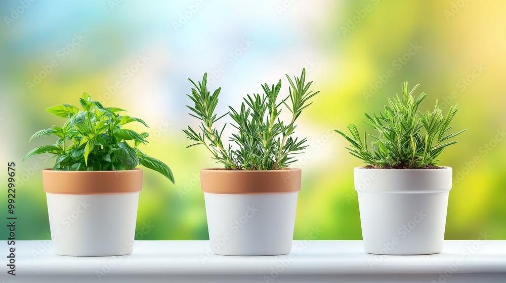 Three potted plants are sitting on a windowsill Three potted plants are sitting on a windowsill