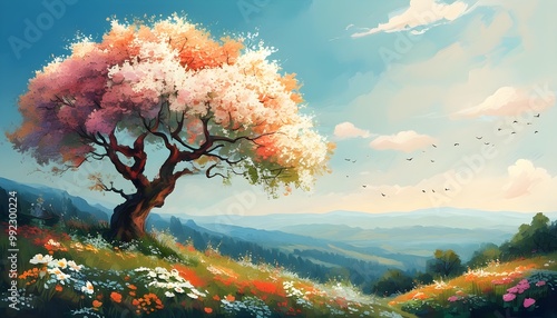 Whimsical Blossom Tree Amidst a Serene Nature Landscape in Generative AI Style