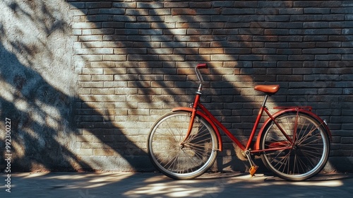 A vintage red bicycle leaning against a weathered brick wall, with the sun casting long shadows across the scene. photo